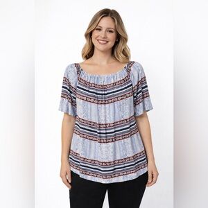 Lane Bryant Slit Short Sleeve Floral Paisley Striped Stretch Blouse Size 14 16